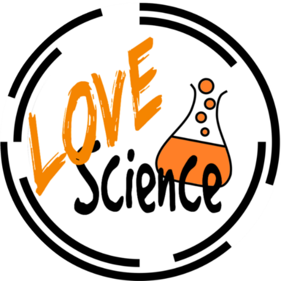 The LoveScience logo - white circle with black outline. In the middle is a concical flask half filled with organge liquid and orange bubbles coming out the top. The work 'love' is in orange capitals at a 45 degree angle and the word 'science' is in black lower case, horitonzally. 